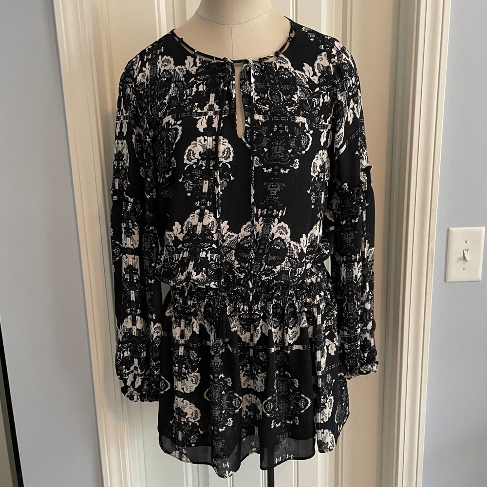 Parker Medium Black & Ivory Mini Dress ~ Smocked Waist Festive Party Cocktail